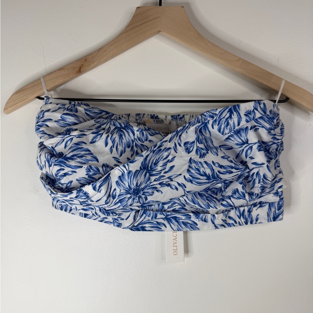 NWT Olivaceous Blue White Floral Strapless 100% Cotton Tube Top Smocked Back M